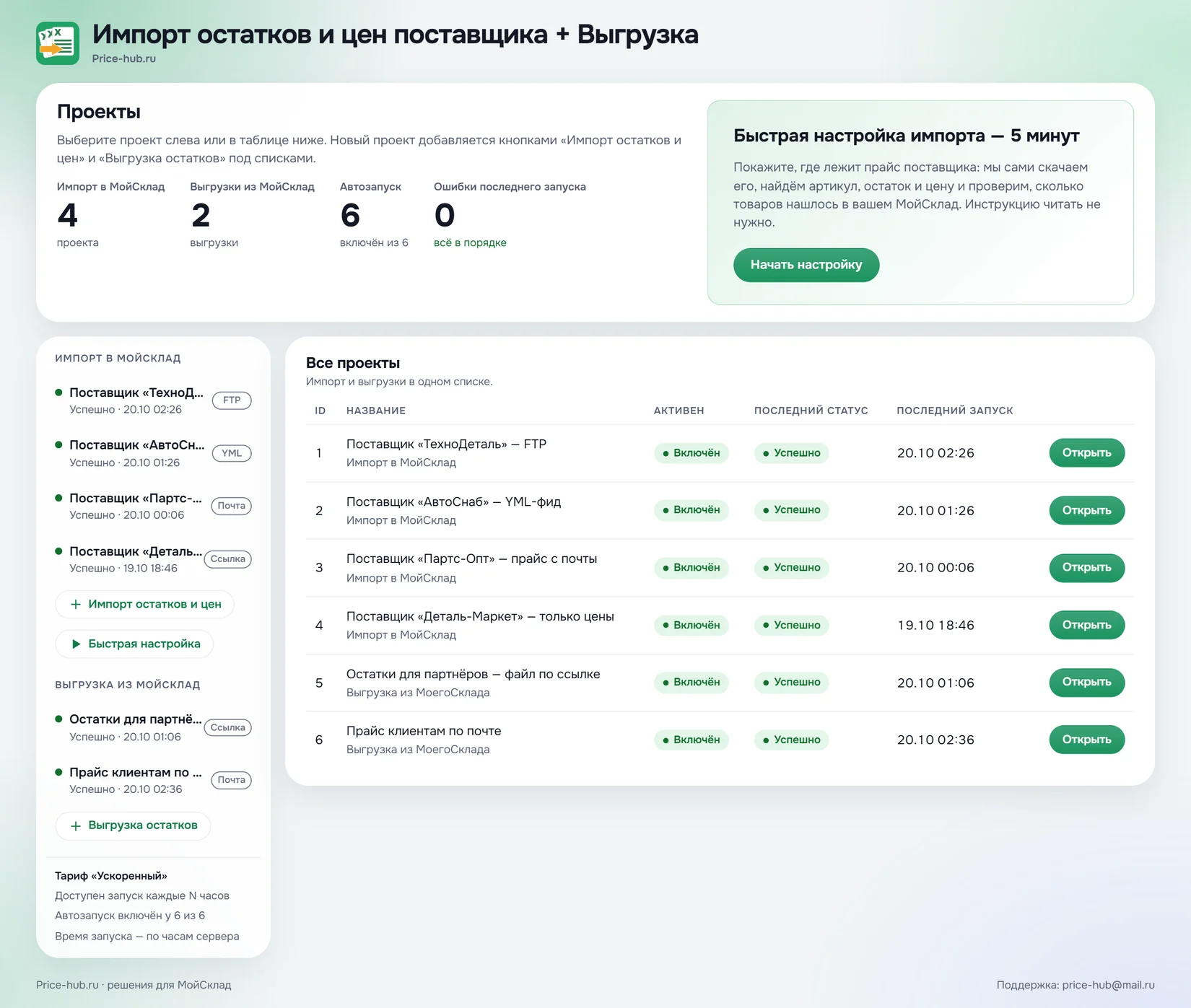 Список проектов импорта прайсов и выгрузки остатков в МойСклад