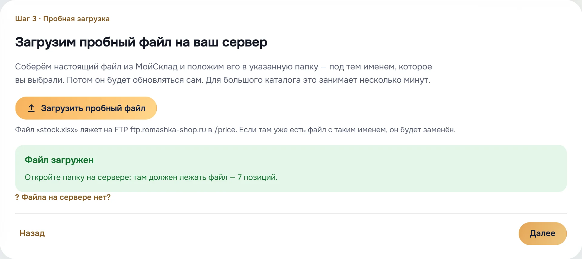Шаг 3 быстрой настройки: пробный файл stock.xlsx загружен на FTP-сервер